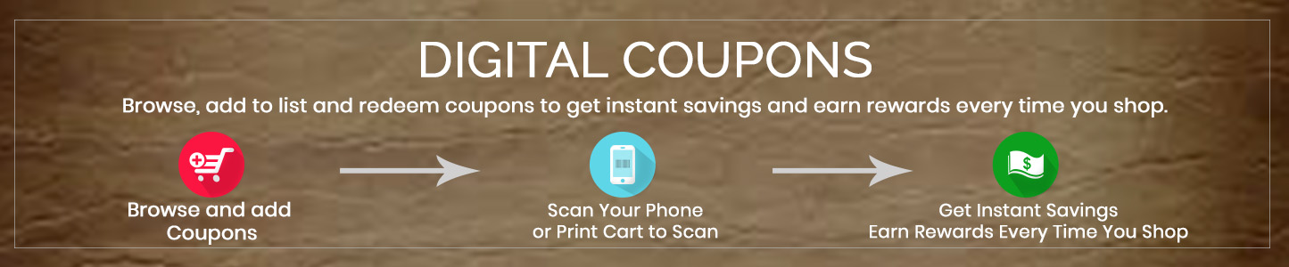 Digital Coupons. Browser and Add Coupons, Scan Card, and Get Instant Savings
